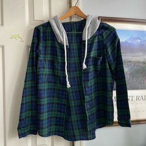 Hooded Flannel/Plaid Button Up Shirt